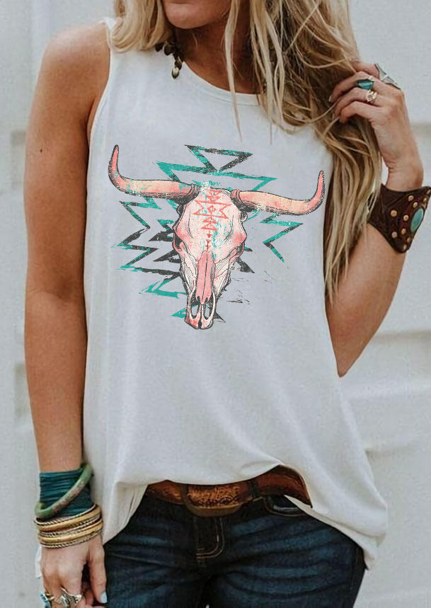 

Tank Tops Aztec Geometric Steer Skull Tank Top in White. Size