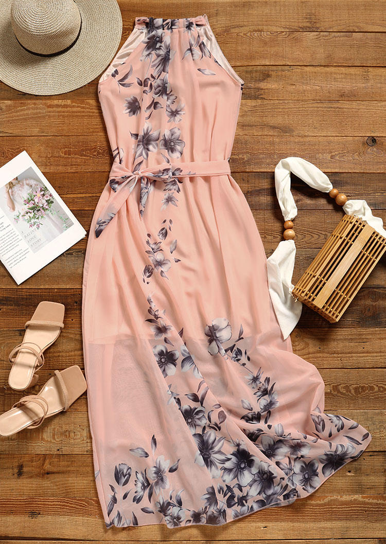 Maxi Dresses Floral Ruffled Sleeveless Chiffon Maxi Dress with Belt in Pink. Size: S,M,L,XL