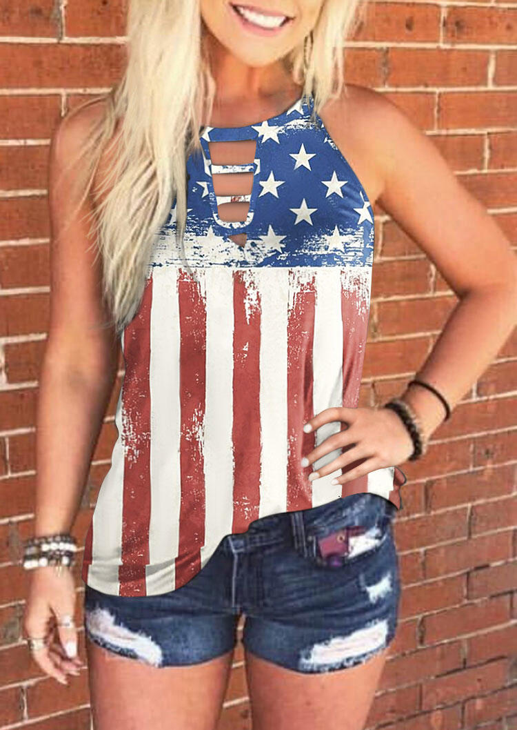 

Tank Tops American Flag Hollow Out Keyhole Neck Tank Top in Multicolor. Size