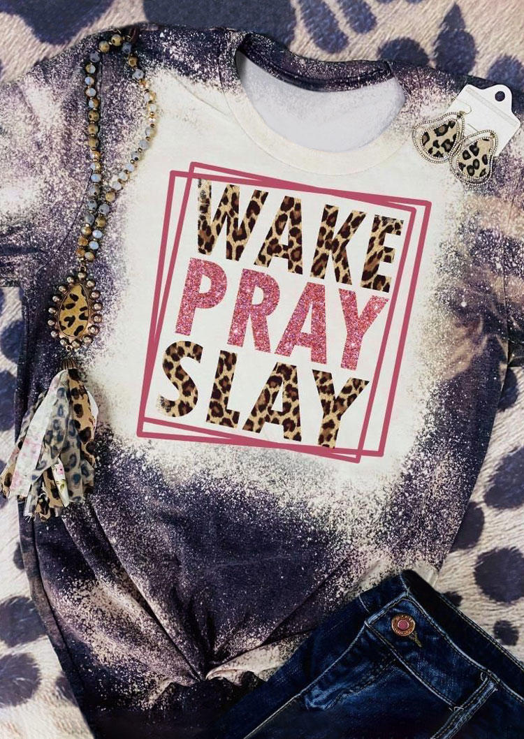 T-shirts Tees Wake Pray Slay Leopard Bleached T-Shirt Tee in Gray. Size: L