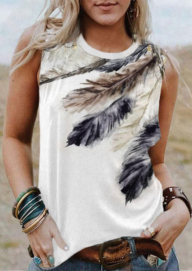 

Tank Tops Feather O-Neck Casual Tank Top in White. Size