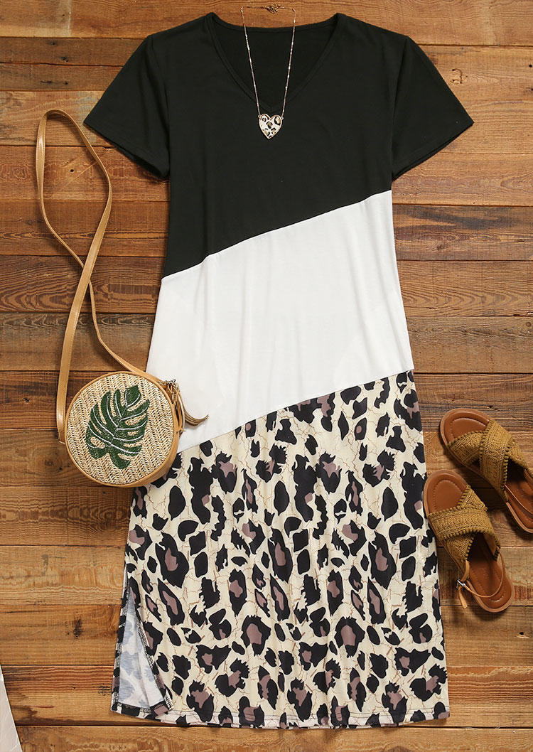 Leopard Color Block Slit Maxi Dress