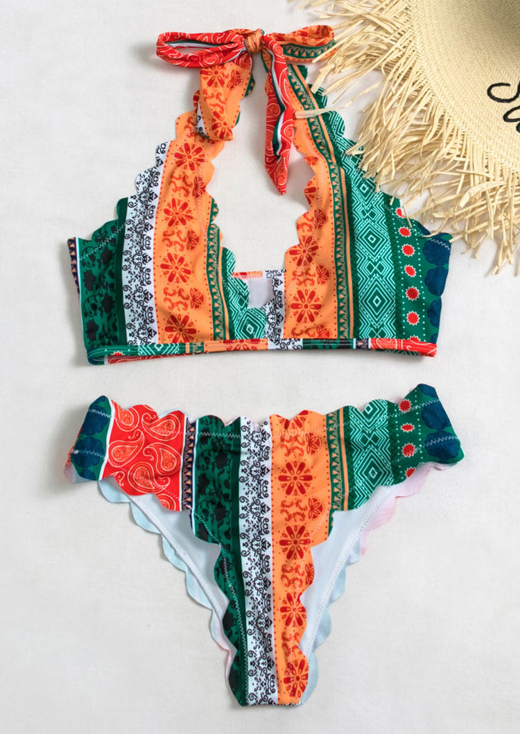 Bikini Sets Geometric Ethnic Style Wavy Edge Halter Tie Bikini Set in Multicolor. Size: S,M,L