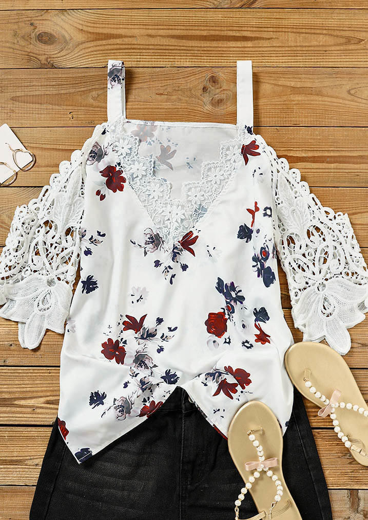 

Blouses Lace Splicing Floral Cold Shoulder Blouse in White. Size
