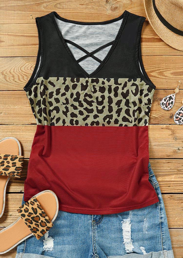 

Tank Tops Color Block Leopard Criss-Cross Tank Top in Multicolor. Size