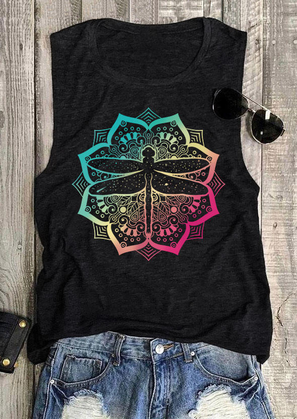

Tank Tops Gradient Floral Dragonfly O-Neck Tank Top in Black. Size