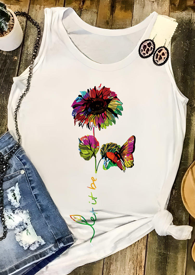 Tank Tops Let It Be Floral Butterfly O-Neck Tank Top in White. Size: S