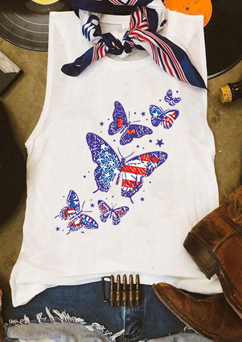 Tank Tops Butterfly 4th Of July O-Neck Tank Top in White. Size: S,L,XL