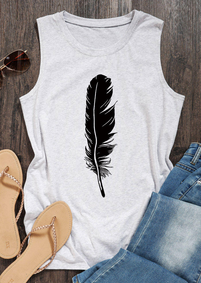 Tank Tops Feather O-Neck Casual Tank Top in Light Grey. Size: S,M,L,XL