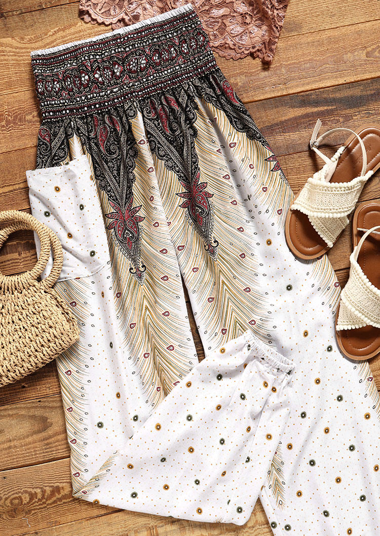 

Pants Bohemian Feather Pocket High Waist Yoga Harem Pants in White. Size