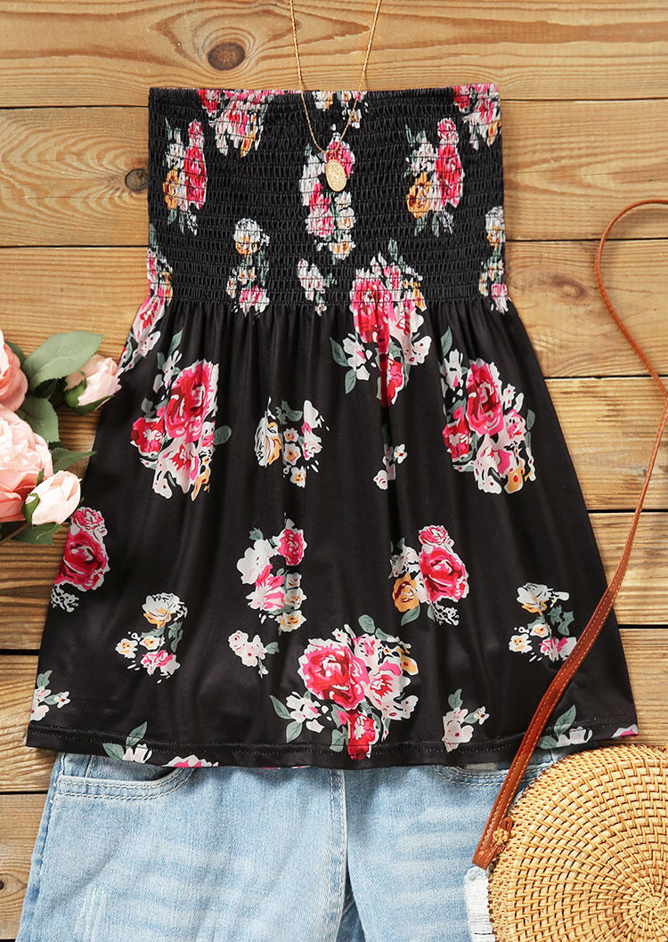 Tank Tops Floral Smocked Strapless Bandeau Tank Top in Black. Size: M,S