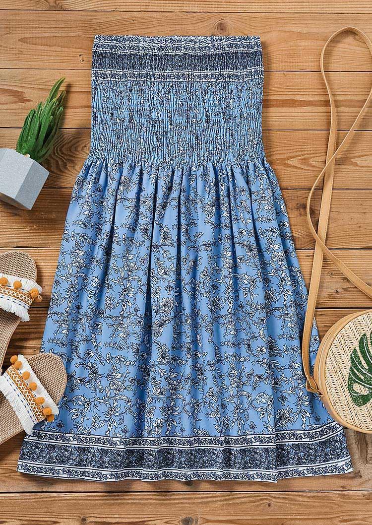 Mini Dresses Floral Smocked Strapless Bandeau Mini Dress in Blue. Size: M,XL
