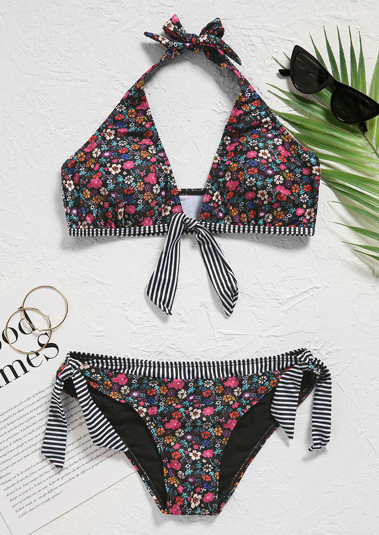 

Bikini Sets Floral Striped Halter Bikini Set in Multicolor. Size