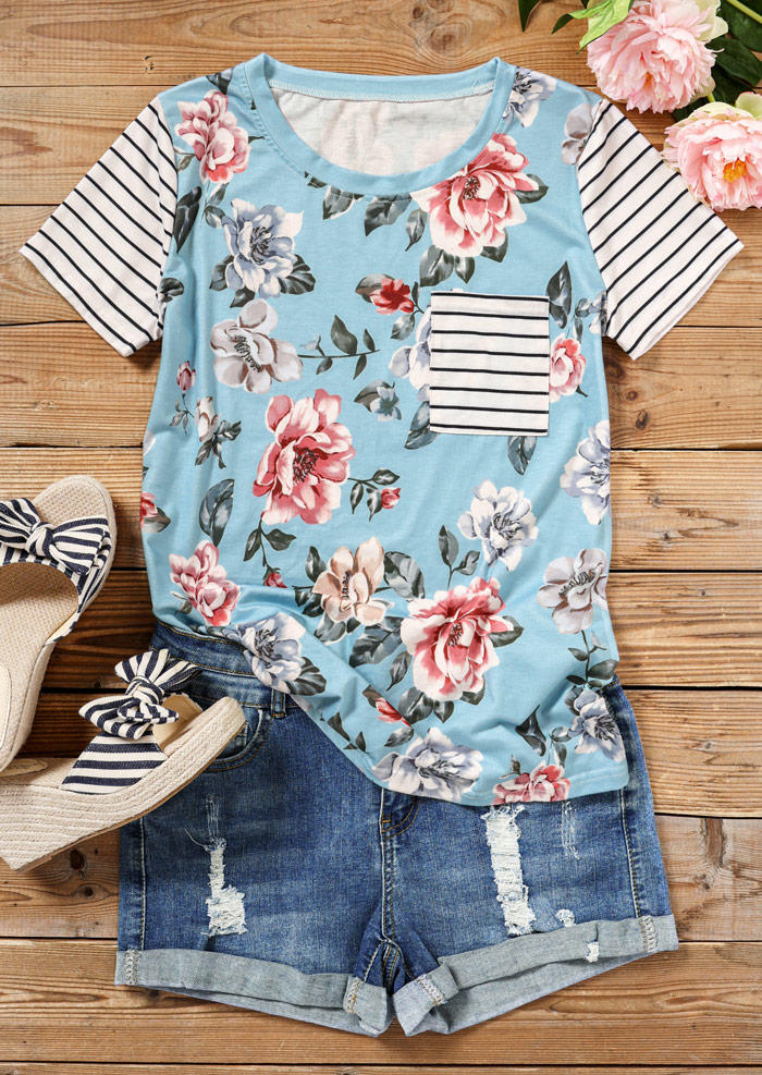 

Blouses Floral Striped Pocket Casual Blouse in Multicolor. Size