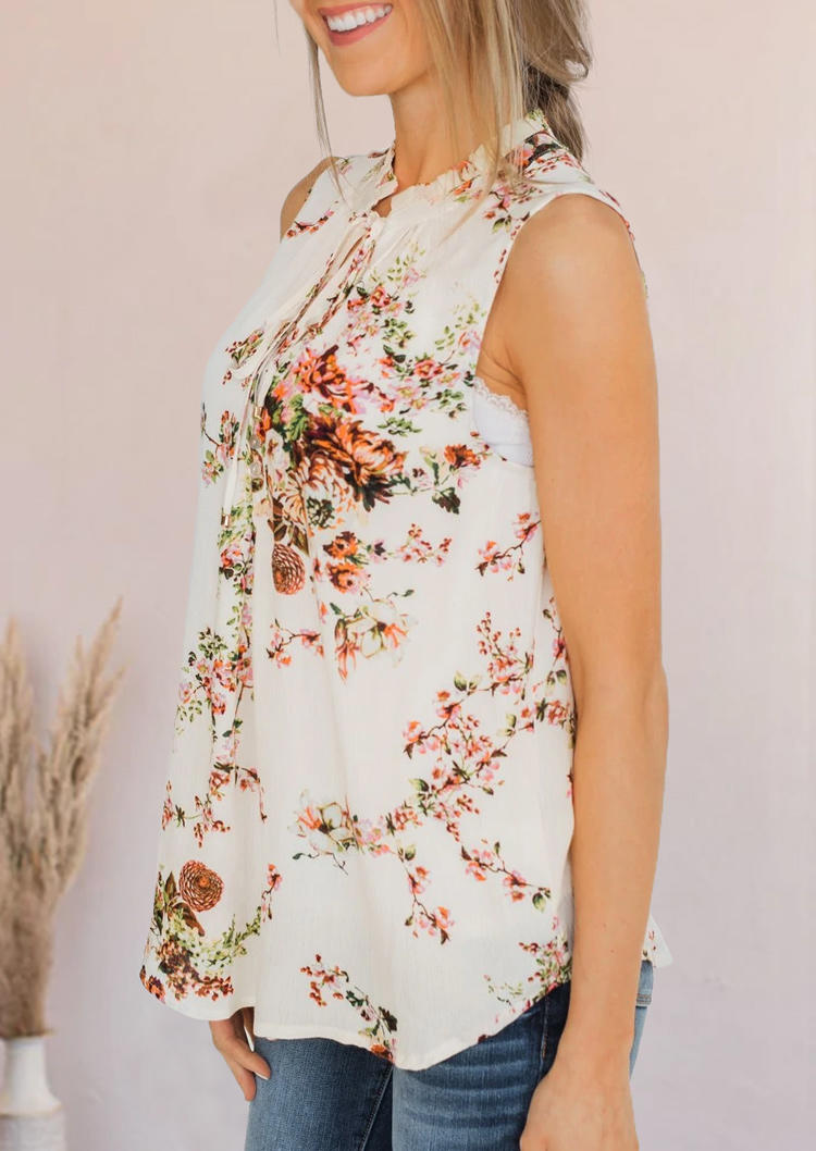 

Tank Tops Floral Tie Button Ruffled Tank Top in Multicolor. Size