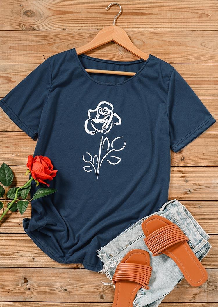 Rose O-Neck Casual T-Shirt Tee - Deep Blue