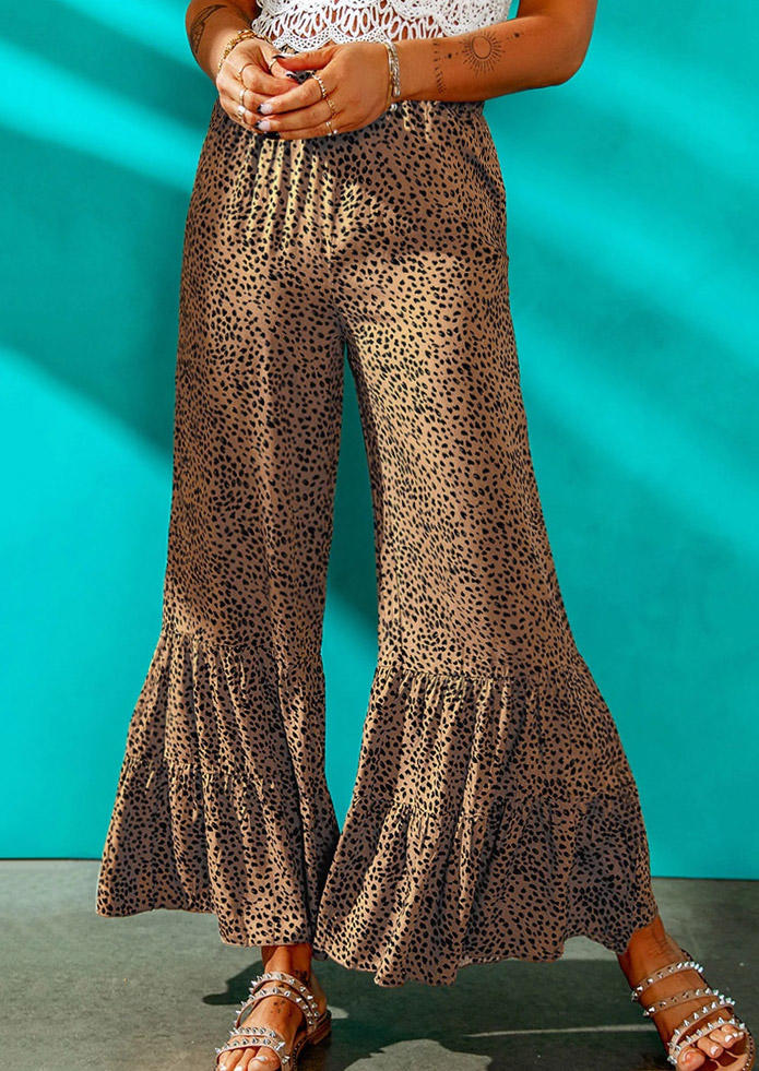 

Pants Leopard Ruffled Elastic Waist Wide Leg Flare Pants in Khaki. Size: ,L
