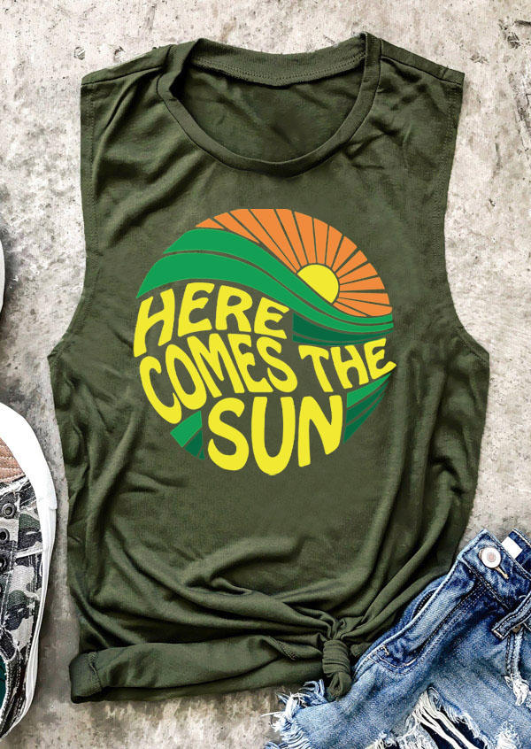 Tank Tops Here Comes The Sun Sunset Tank Top in Army Green. Size: S,M,L,XL