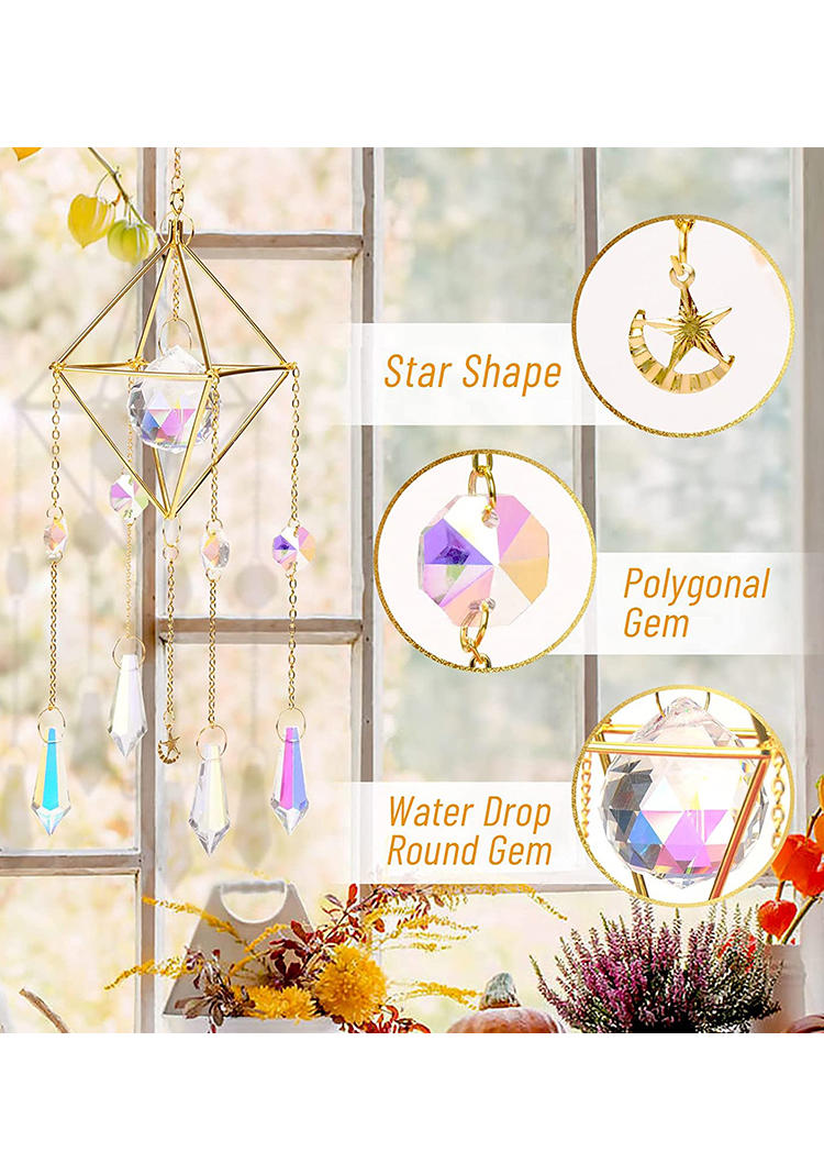 Star Moon Water Drop Polygonal Gem Tassel Wind Chimes Ornament in Multicolor. Size: One Size