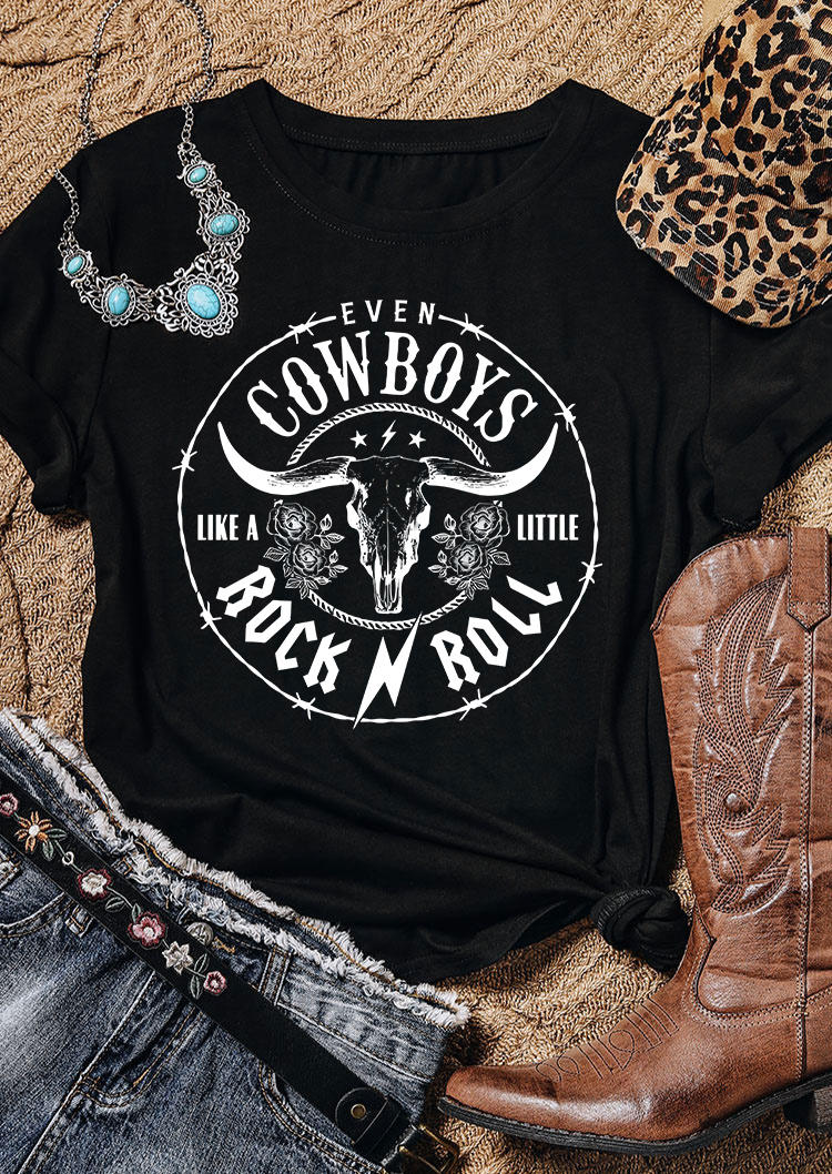 T-shirts Tees Even Cowboys Like A Little Rock N Roll T-Shirt Tee in Black. Size: M,L