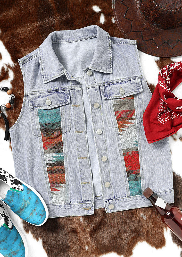 

Coats Aztec Geometric Pocket Button Denim Vest Coat in Blue. Size