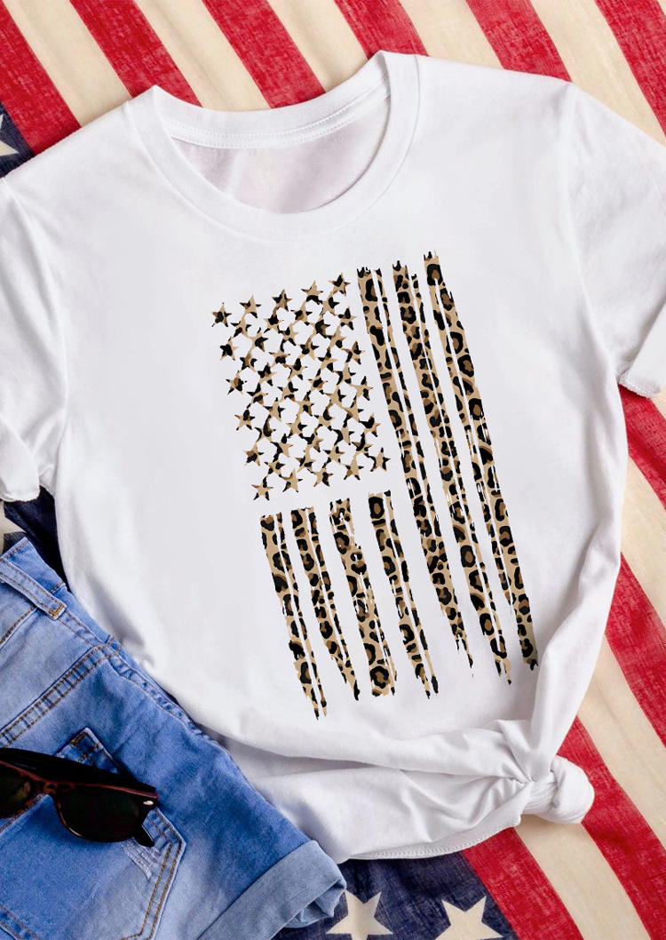 T-shirts Tees Leopard American Flag T-Shirt Tee in White. Size: S,M,L,XL