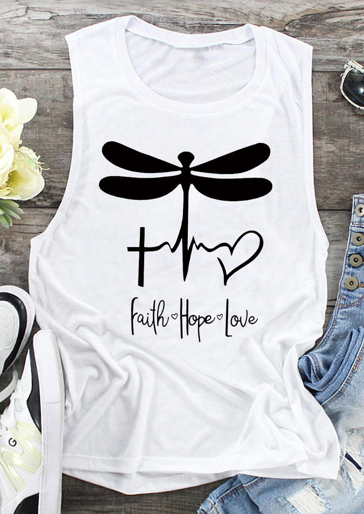 Tank Tops Faith Hope Love Dragonfly O-Neck Tank Top in White. Size: S,M,L,XL