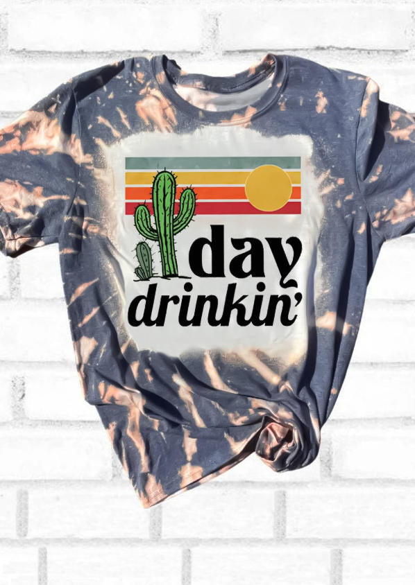 Day Drinkin' Cactus Sunset Bleached T-Shirt Tee - Gray