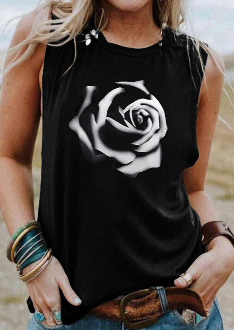 Tank Tops Rose O-Neck Casual Tank Top in Black. Size: M,S