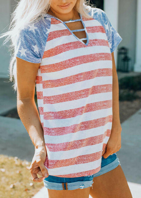 American Flag Keyhole Neck Raglan Sleeve Hooded Blouse
