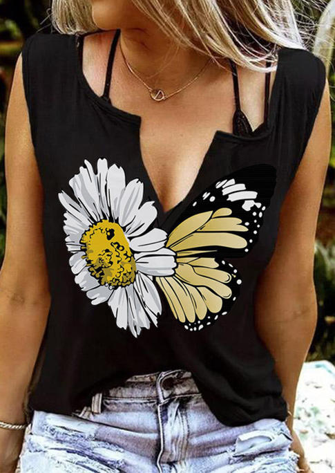 Tank Tops Daisy Butterfly Tank Top without Camisole in Black. Size: L,M