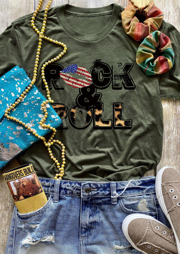 T-shirts Tees Rock & Roll American Flag Lips Leopard T-Shirt Tee in Army Green. Size: S,L