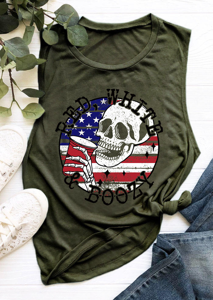 Tank Tops Red White & Boozy Skull American Flag Tank Top in Army Green. Size: S,M