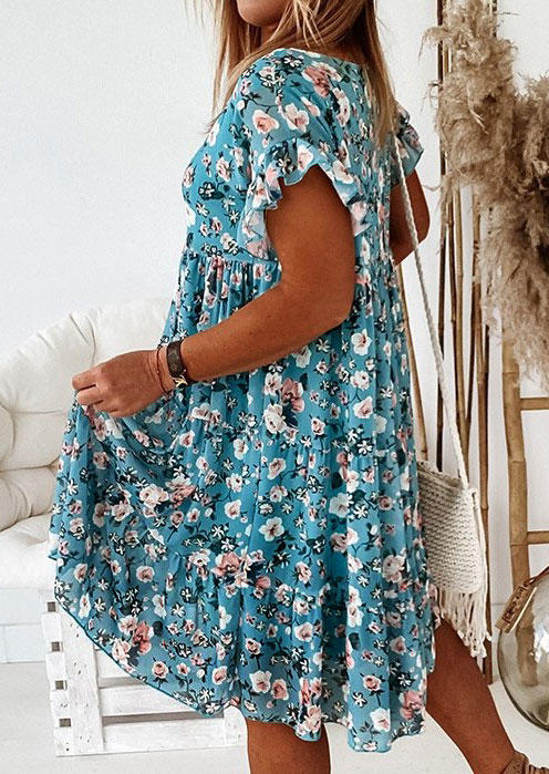 

Mini Dresses Floral Ruffled O-Neck Mini Dress in Blue. Size