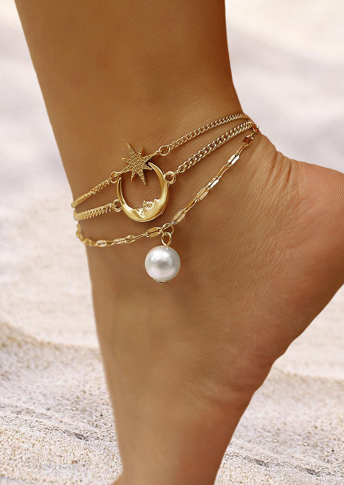 Body Jewelry Moon Star Pearl Multi-Layered Alloy Anklet in Gold. Size: One Size