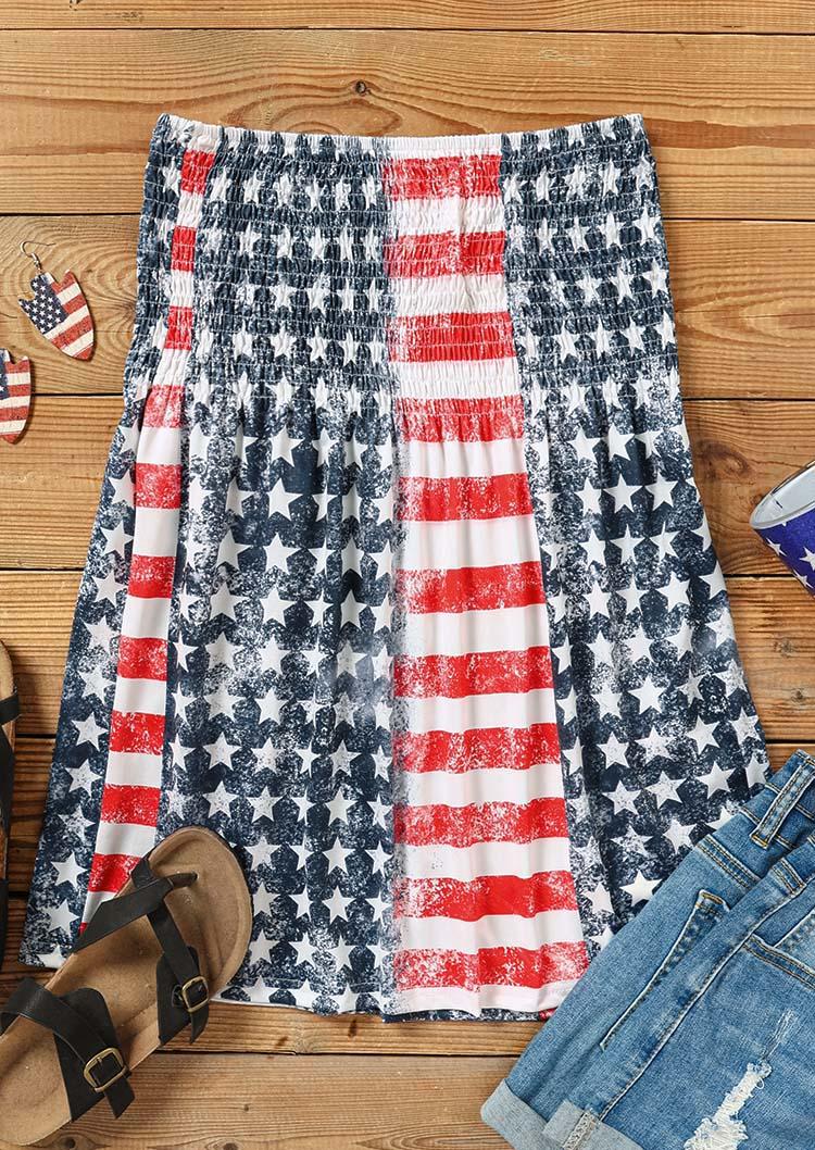 Tank Tops American Flag Smocked Strapless Bandeau Tank Top in Multicolor. Size: 2XL,3XL,L,M,S,XL