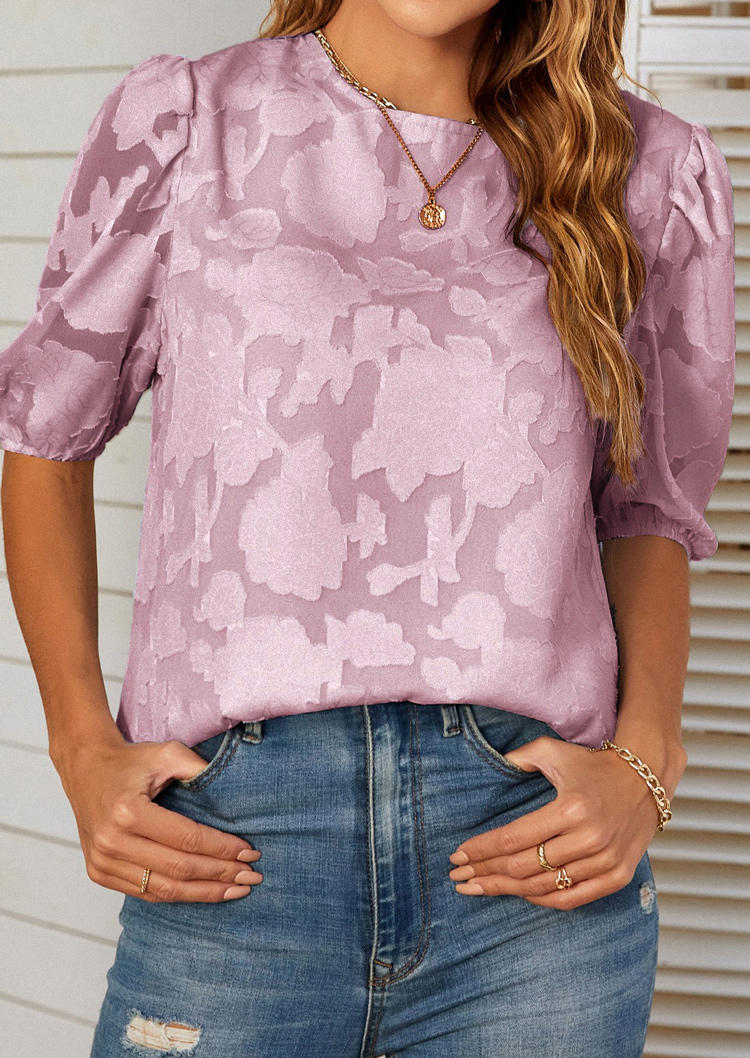 Blouses Floral Half Sleeve O-Neck Blouse in Pink. Size: M,S