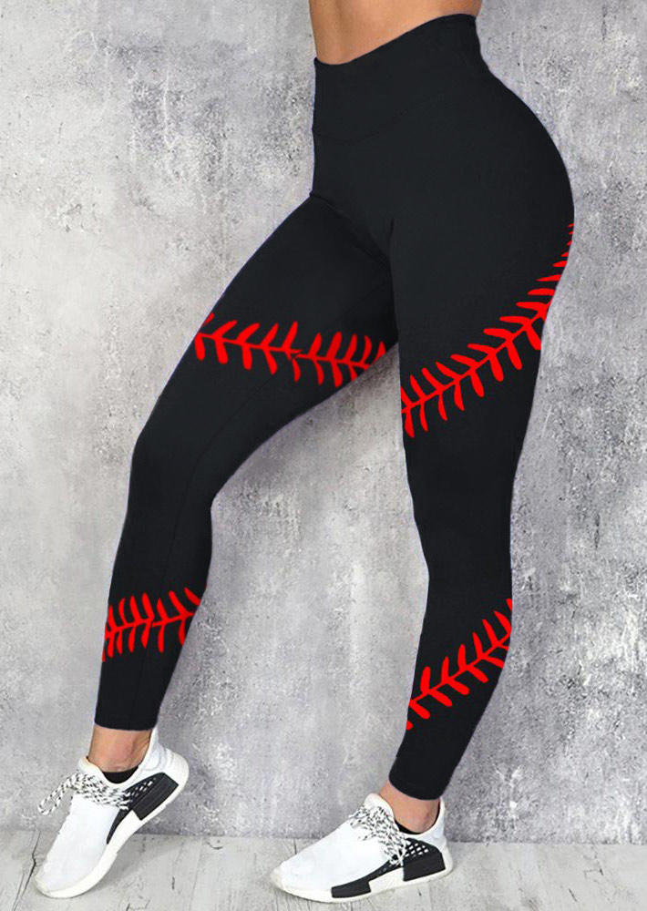 Leggings Baseball Elastic Waist Leggings in Black. Size: M,S