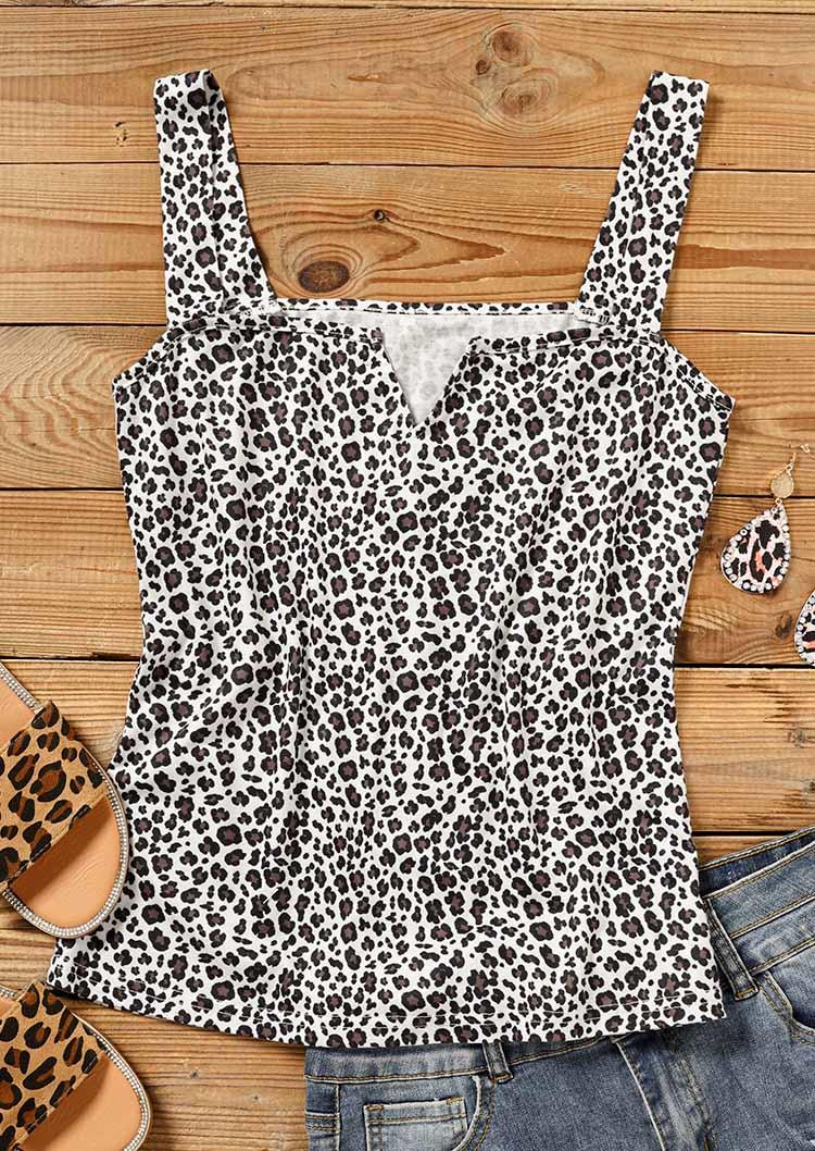 

Tank Tops Leopard Notched Neck Casual Tank Top in White. Size
