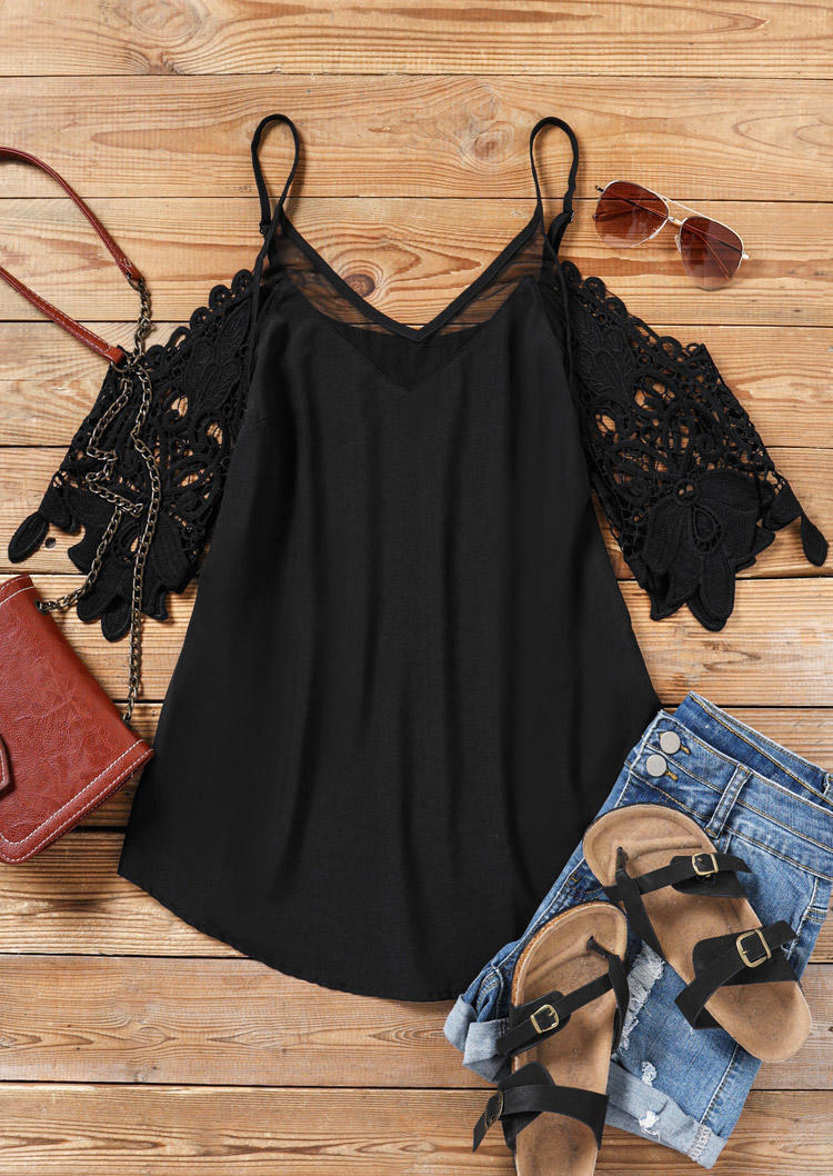 

Blouses Lace Mesh Splicing Cold Shoulder Blouse in Black. Size