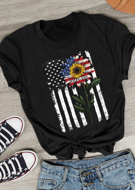 

T-shirts Tees American Flag Sunflower O-Neck T-Shirt Tee in Black. Size
