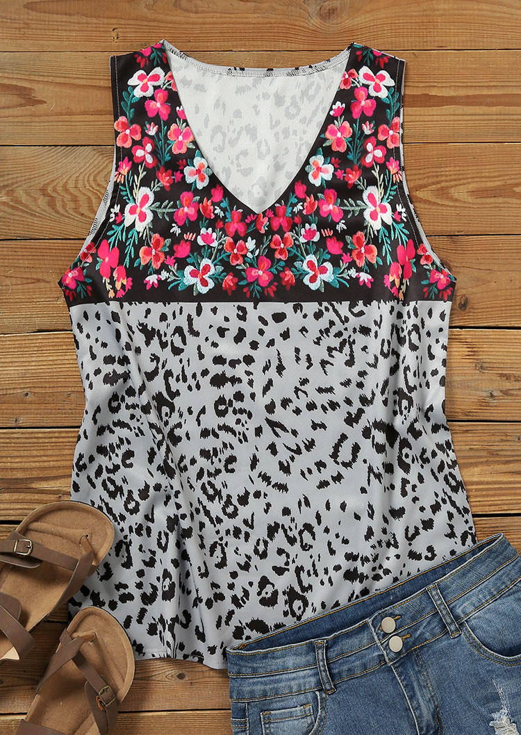 

Tank Tops Leopard Floral V-Neck Tank Top in Multicolor. Size