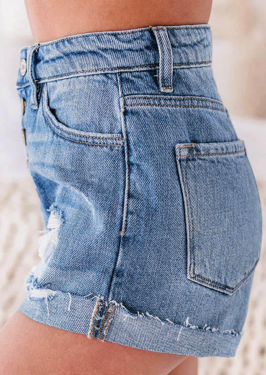 Shorts Button Ripped Hole Denim Shorts in Blue. Size: S,M,L,XL