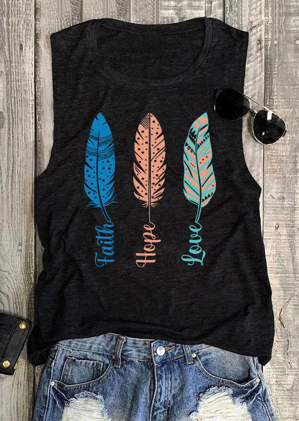 Tank Tops Faith Hope Love Feather Tank Top in Black. Size: S,M,L,XL