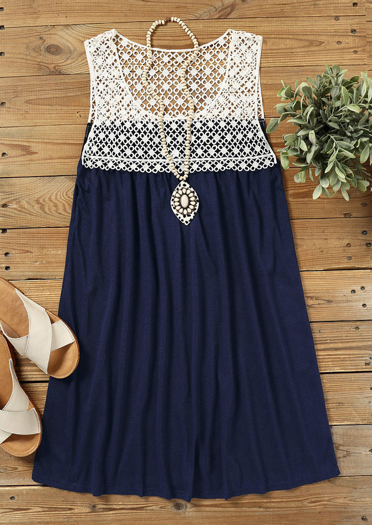 Lace Splicing Sleeveless Mini Dress - Navy Blue