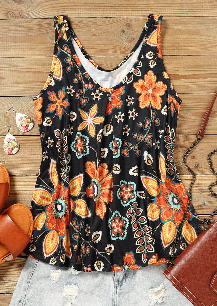 

Tank Tops Floral Ruffled Casual Tank Top in Multicolor. Size