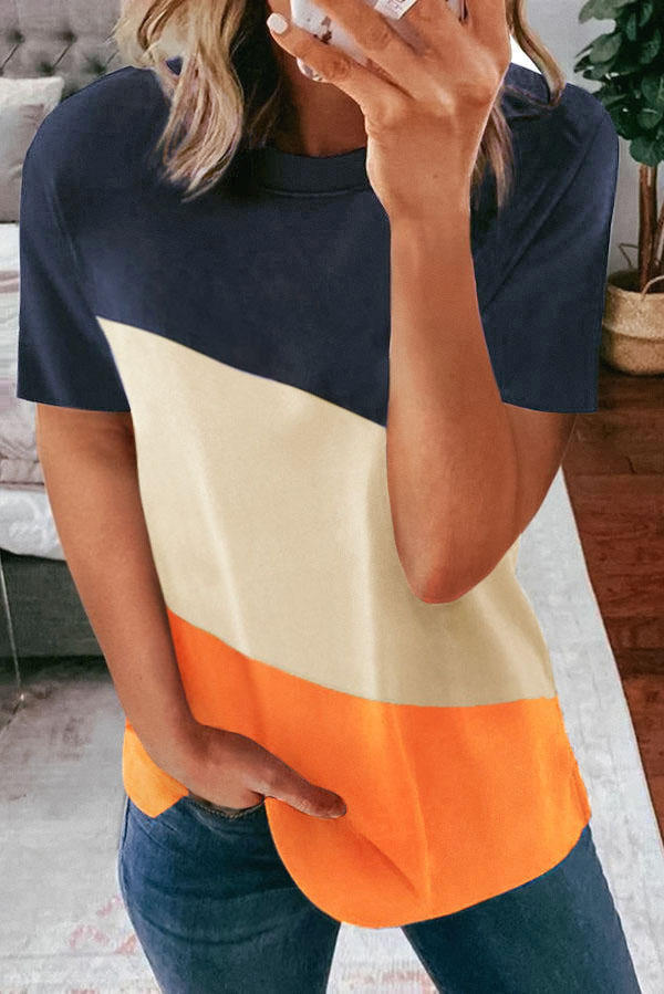 

Blouses Color Block Short Sleeve O-Neck Blouse in Multicolor. Size