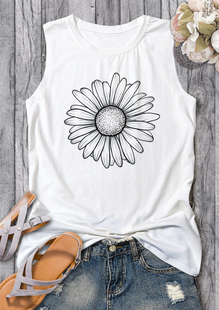 Tank Tops Daisy O-Neck Casual Tank Top in White. Size: S,M,L,XL,2XL,3XL