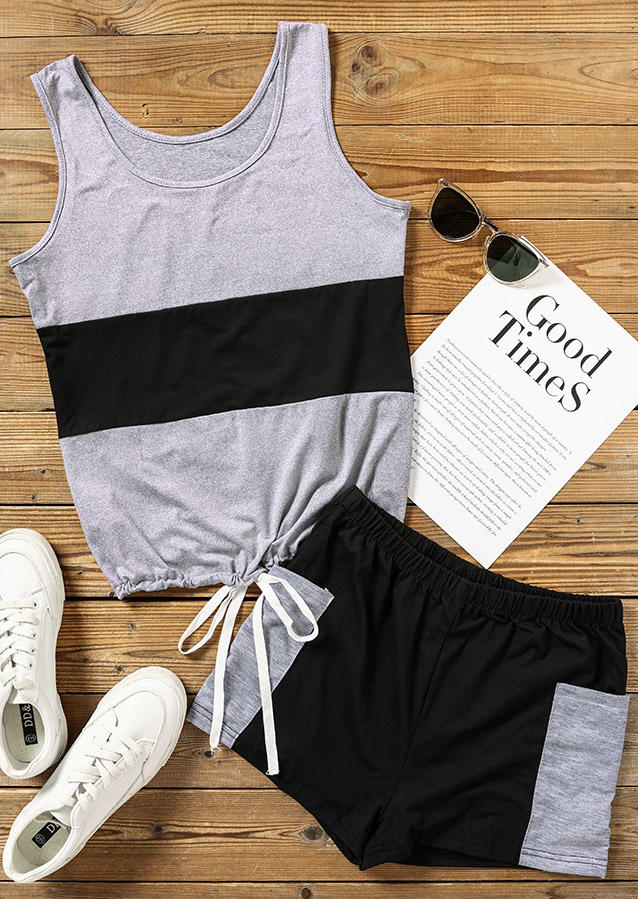 Two-Piece Sets Color Block Drawstring Tank And Pocket Shorts Two-Piece Set in Gray. Size: S,M,L