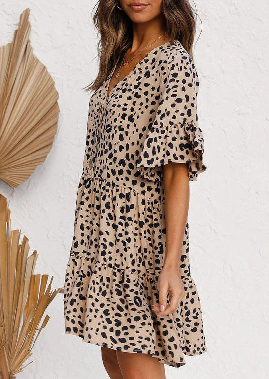 Mini Dresses Leopard Ruffled Flare Sleeve Mini Dress in Leopard. Size: S,M,L